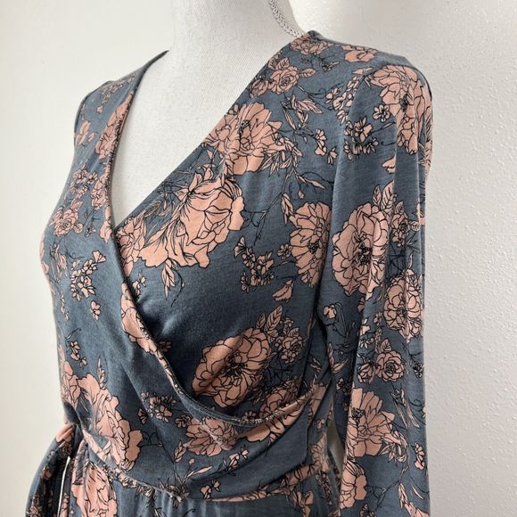 Moosungeek Dress Women Large Blue Floral All Over Print Long Sleeve Surplice - Picture 10 of 15